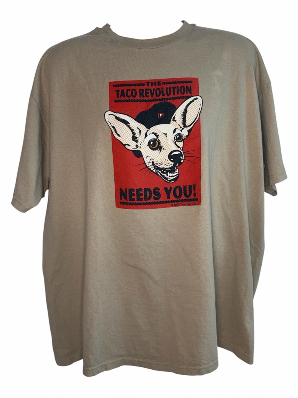 VINTAGE HANES TACO BELL Taco Revolution Graphic Tee Tan Red Black Chihuahua XXL
